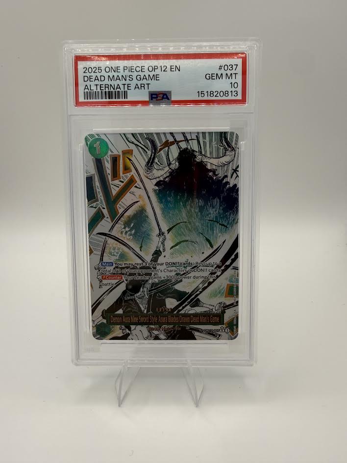 Demon Aura Nine Sword Style Asura Blades Drawn Dead Man's Game OP12-037 Alternate Art – PSA 10